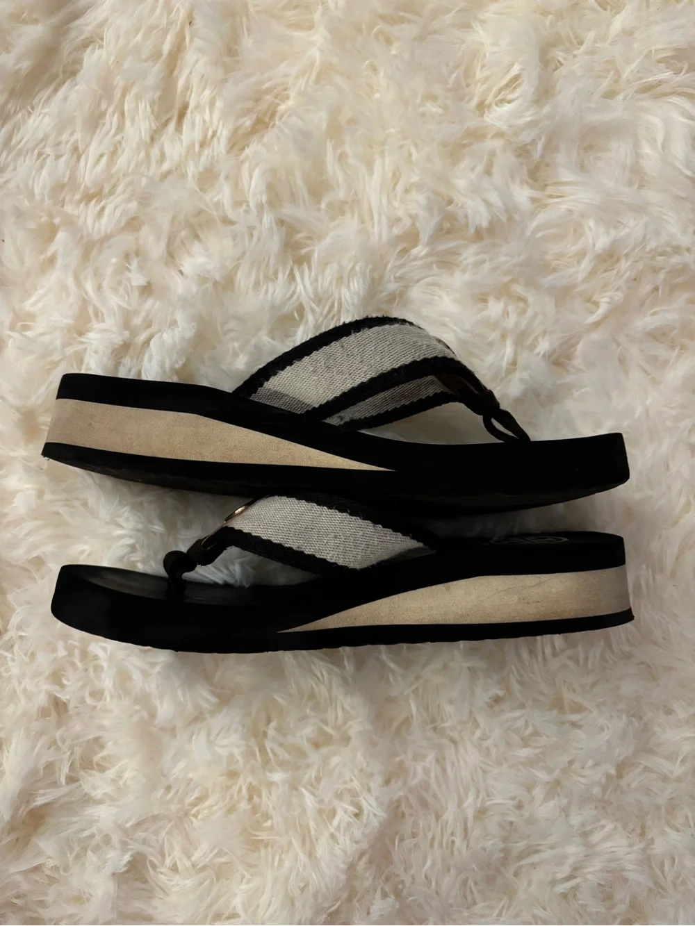 Tory Burch Black Flip Flop Sandals with Cream Straps and Gold Logo